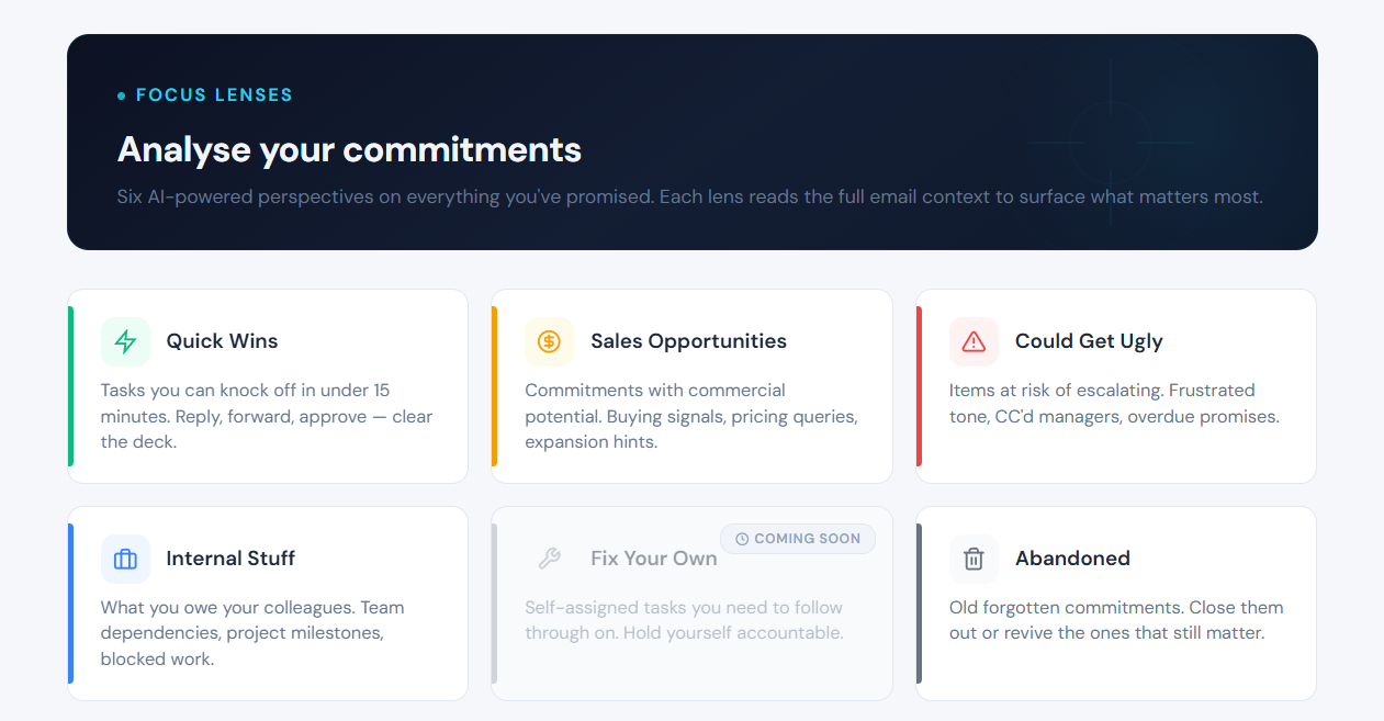 eSentinel focus lenses for quick wins, sales opportunities, risks and internal tasks.