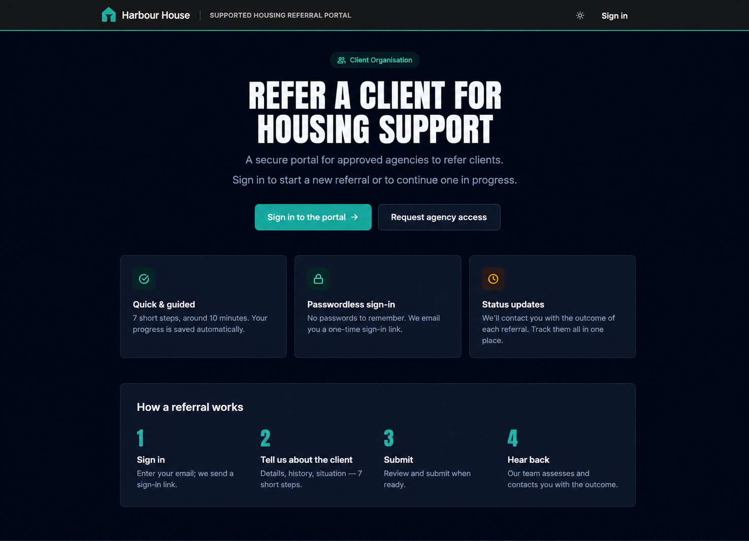 Referral portal landing page for approved agencies, with a fictional organisation name.